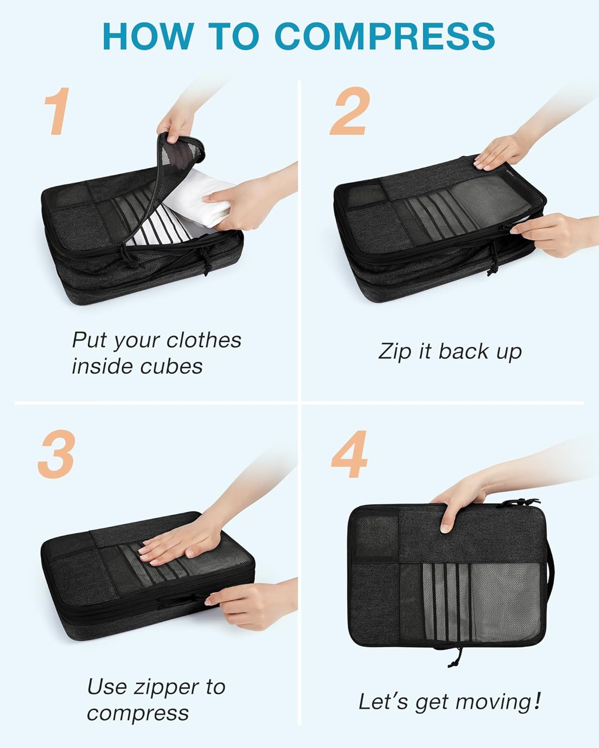 BAGSMART Compression Packing Cubes for Travel, 4 Set Travel Packing Cubes for Carry on Suitcases, Compression Travel Cubes & Suitcase Organizer for Packing with Shoe Bag Grey - Image 5