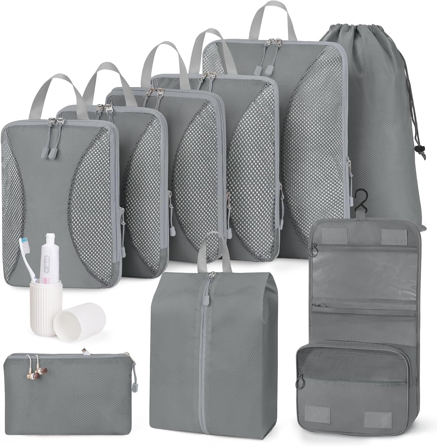 Compression Packing Cubes 10 Sets, Packing Organizers, Extensible Suitcase Organiser Bags, Travel Organizer Cubes for Travel Essentials Grey