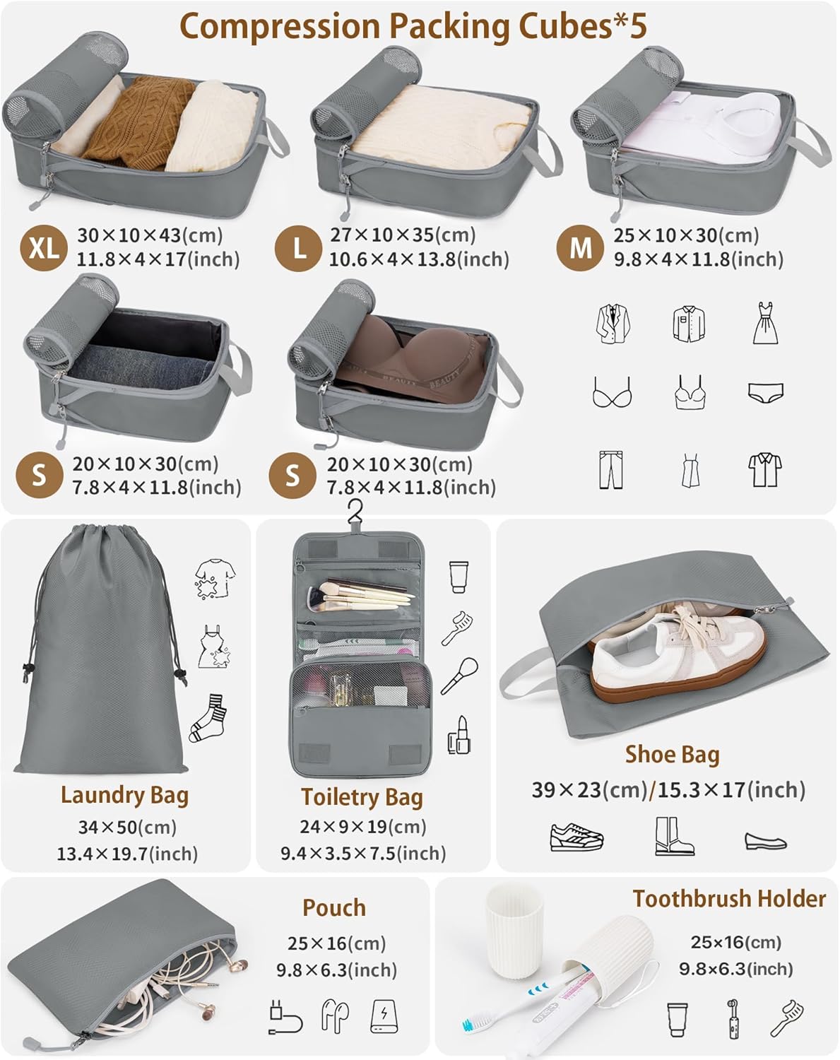Compression Packing Cubes 10 Sets, Packing Organizers, Extensible Suitcase Organiser Bags, Travel Organizer Cubes for Travel Essentials Grey - Image 2