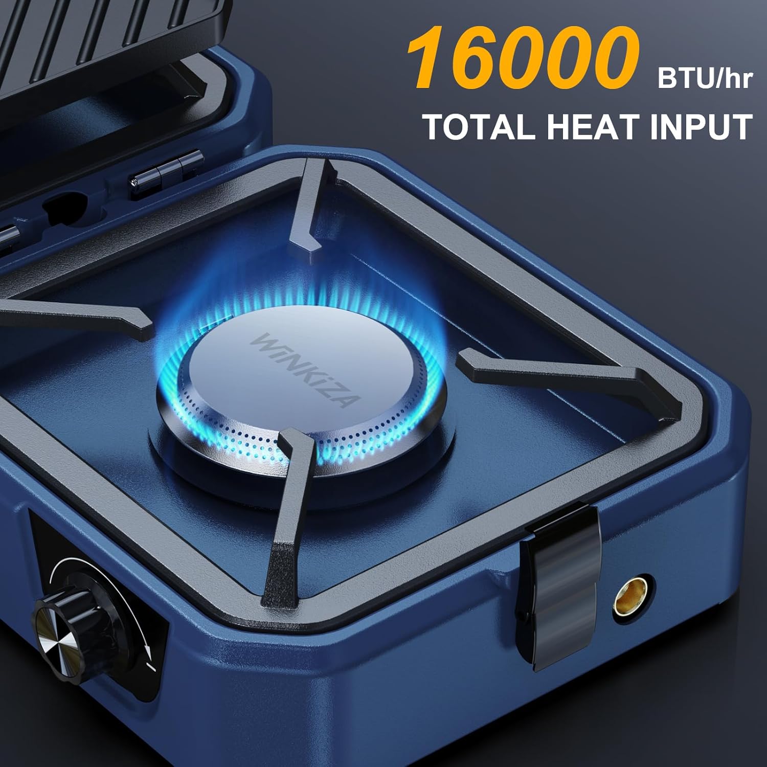 Upgraded WINKIZA 2 Burner Propane Camping Stove with Grill, Foldable Camp Stove with 16,000 BTU, Two Adjustable Burners with Piezo Ignition & Easy Carrying Handle, Portable Stove for Camping, BBQ - Image 4
