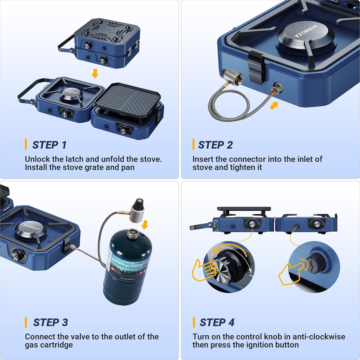 Upgraded WINKIZA 2 Burner Propane Camping Stove with Grill, Foldable Camp Stove with 16,000 BTU, Two Adjustable Burners with Piezo Ignition & Easy Carrying Handle, Portable Stove for Camping, BBQ - Image 7